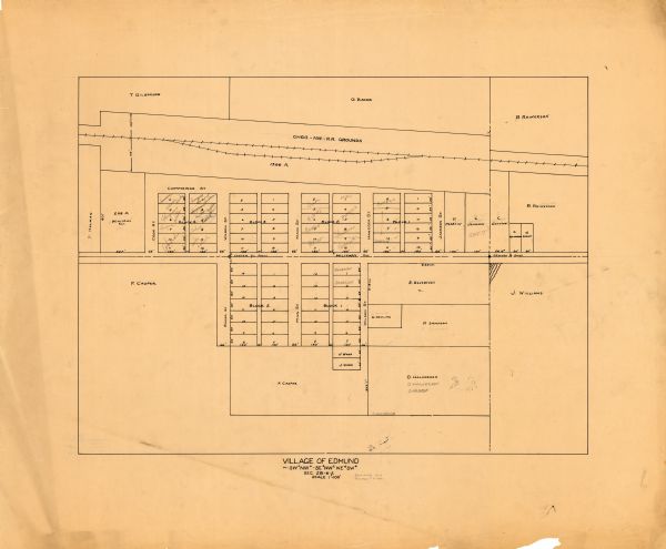 This map is pen and pencil on paper and shows land ownership by name, blocks, lots, local streets, and railroads. To the right of the title the map reads: "Iowa County, Township of Linden."