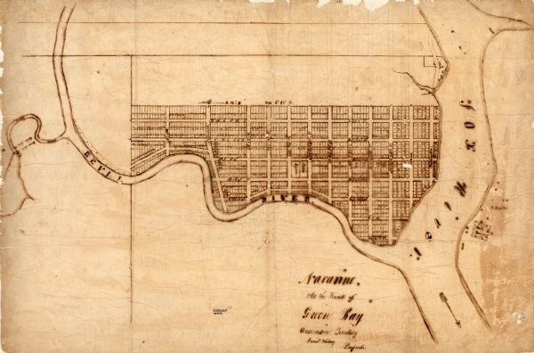 This map is pen, ink, and pencil on paper and shows plat of the town, local streets, mills, forts, hospitals, and parts of Devil River and Fox River.