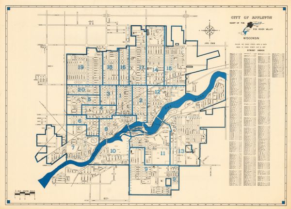 This map shows local streets, wards, buildings, parks, and part of the Fox River. The map is also indexed by street name. Ward borders and numbering and the Fox River are shown in blue.