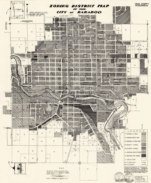 This map shows plat of the city, city limits, local streets, and part of Baraboo River. The map includes 2 inset maps and a legend showing residential, business, industrial, and agricultural areas.