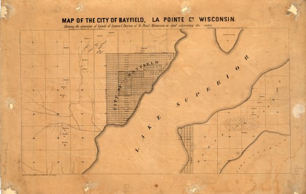 This map shows land ownership by name, a plat of Bayfield, local streets, part of Lake Superior, part of Madeline Island, and part of Bass Island. La Pointe County was changed to Bayfield County in 1866.
