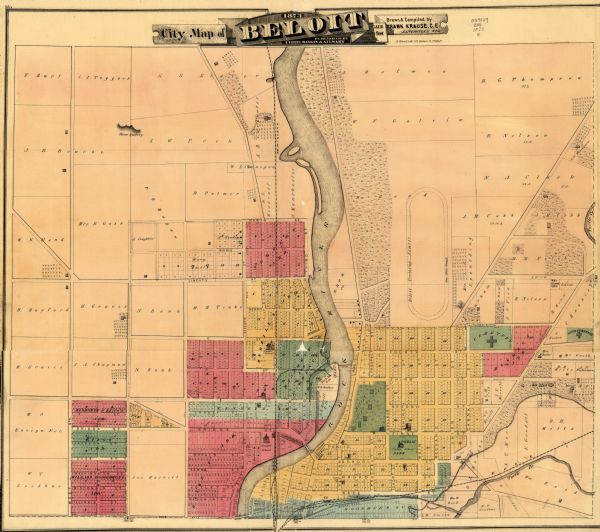 This map shows land ownership by name, local streets, railroads, parks, college grounds, schools, cemeteries, and part of Rock River. The upper left margin reads: "85 1/2"--Upper left margin. This map comes from the "Combination atlas map of Rock county, Wisconsin," 1873.