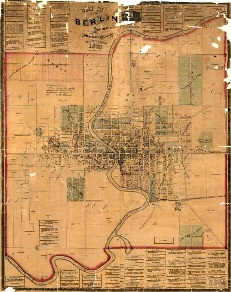 This map shows plat of the town, land ownership by name, wards, local streets, railroads, and part of Fox River. The map also includes a directory and advertisements for local businesses and illustrations of a local company building.