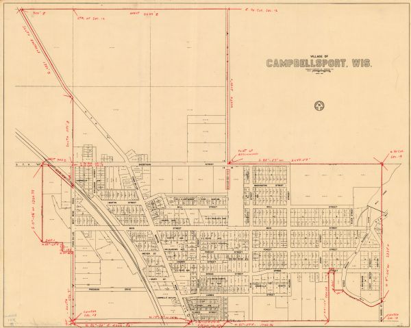 This map shows lot and block numbers and dimensions, railroads, and streets and is dated: "March 1965." The map includes manuscript annotations that show measurement of village limits. The lower right corner reads: "Tube 16 no. 37."
