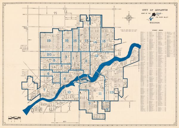 This map shows local streets, wards, public buildings, parks, and part of the Fox River. The land is shown in white and the water is shown in blue. The map includes a street index.