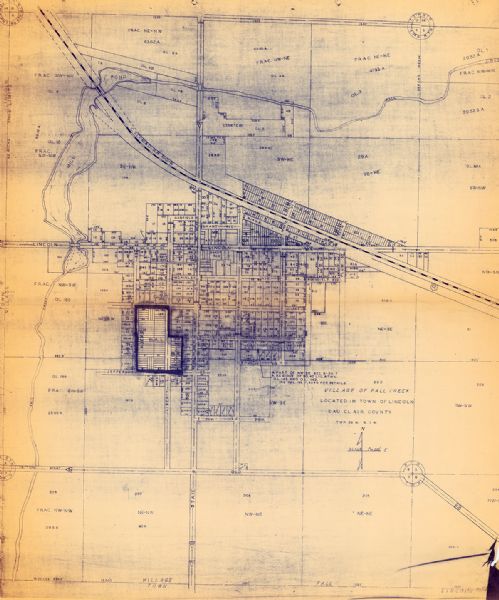 This map shows lot numbers and dimensions, railroad, and streets. Fall Creek and Mill Pond (now Fall Creek Pond) are labeled. The map is a blue line print.