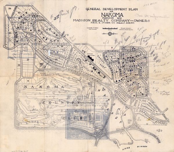 This map shows a plat of the area, numbered blocks and lots, local streets, roads, parks, Nakoma Country Club golf course, and landscaping. The map is oriented with the north to the right and includes a legend showing public utilities, residences, building lines, and corrected dimensions.