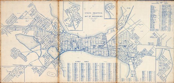 This is a blue line print map that shows local streets, railroads, local businesses, schools, parks, cemeteries, the airport, the state capitol, the University of Wisconsin-Madison, Lake Wingra, parts of Lake Mendota and Lake Monona. The map includes 4 inset maps: Connecting points at G-1 -- Connecting points at A-6 -- Connecting points at 23-B -- Connecting points at 26-O. The map also includes a street index as well as a bank, church, school and industrial index.