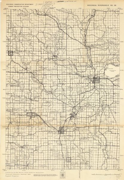 This quadrangle collection of maps, meaning geological surveys, shows sections of central and northern Wisconsin. The maps include a quadrangle index map. There are a total of 16 maps created between 1936 and 1940. Map 38, 50, 51, 54, 55, 62, 66, 67, 68, and 73 read:"Compiled by the Map Section, Forest Protection Headquarters." Map 53 reads: "Compiled from aerial pictures by the Map Section." Map 63, 77, and 78 read: "Drawn from aerial pictures & U.S.G.S. quadrangles by the Map Section." Map 64 and 76 read: "Compiled from aerial pictures & U.S.G.S. quadrangles by the Map Section."
