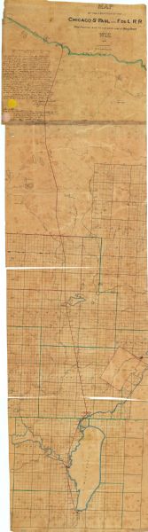 This ink and watercolor map is on tracing cloth and includes a handwritten statement from the office of the Chicago St. Paul and Fond du Lac Railroad Company, signed by W.B. Ogden, president, S.F. Johnson, chief engineer, and a notary of the public. It details the route from Fond du Lac to the state line at Brule River.