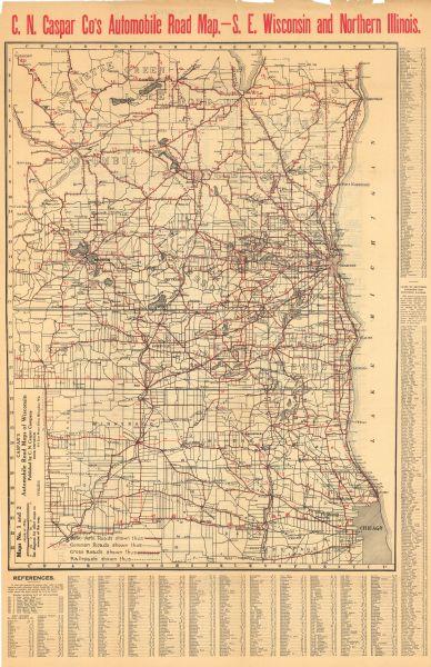 This is a 5 part map showing automobile roads, common roads, cross roads, and railroads. Each map includes a diagram on reverse side and automobile trips or routes. Maps 1 and 2 show southeast Wisconsin and northern Illinois, map 3 shows northeastern Wisconsin, map 4 shows southwestern Wisconsin, and map 5 shows northwestern Wisconsin. Maps 1 and 2 are on the same sheet and include an index.