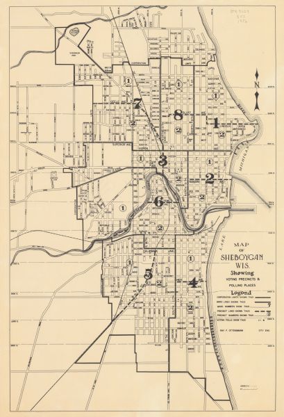 This maps shows voting precincts and polling places as well as wards. Streets and the Sheboygan River are labeled. The bottom right of the map features a legend.