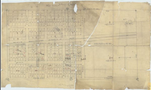 This map is pencil and red ink on tracing paper and shows sold lots and some names of landowners. Handwritten annotations read: "SE 1/4 of NW 1/4 of sec. 27 [and] SW 1/4 of NE 1/4 of sec. 27." The bottom margin of the map reads:"See N.E. Wright letter, 3/26--95."