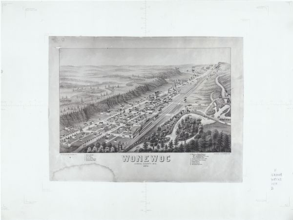 This bird’s-eye-view map is a photostat copy of the orginal and is indexed for points of interest. Streets are labeled as well as the Barbaoo River.
	