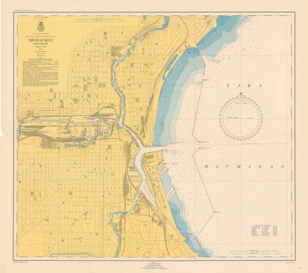 This map is a survey of Lake Michigan and the section of Milwaukee that borders the lake. Map of land includes major streets, and landmarks near water. Relief is shown by contours. Map of water includes depths, which are marked by number, gradient tints and soundings. The map also includes notes and "Milwaukee point of departure" distance table. Ancillary sheet index map "Outline of charts of the Great Lakes, Lake Champlain, New York Canals, Minnesota-Ontario Border Lines" on reverse side of map.