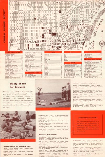 Intended for tourists, this brochure features a map of Milwaukee's central business district as well as general information about parking, beaches and other points of interest in the city. It also includes an index of parking locations, hotels, theaters, churches, department stores and other local businesses. The brochure includes text and illustrations on the front and back. The Milwaukee Motor Club Touring Department map also appears on the back. 
