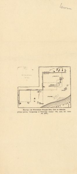 This maps shows what may be Ho Chunk Native American burial mounds. Also noted on the map is the Fox River, the Doty homestead, stockade embankment, the Webster lot, corn hills, and stone heaps. The bottom of the map reads: "From Lawson, ’Archaeology of Winnebago County,’ Wis. Arch. Soc. Bulletin, 1903."