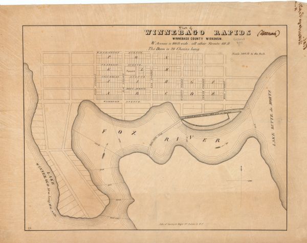 This plat map, which features the very early spelling of Wisconsin as "Wiskonsin", was created sometime between 1846 and 1854 and shows a canal and dam on the Fox River. The community of Winnebago Rapids was later renamed Neenah.