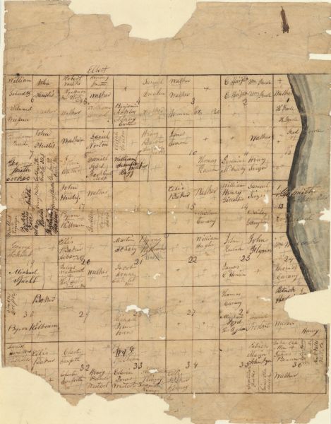 This manuscript map is ink, pencil, and watercolor on paper and shows landownership. An approximate date can be established by the names written on the plat map, as many of the names match with those in the Land Office tract book.
