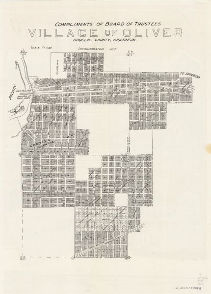 This map shows streets, land owners, local businesses, the St. Louis River, and bridges. The maps reads: "Incorporated 1917." The back of the map includes text and illustrations about the town of Oliver.