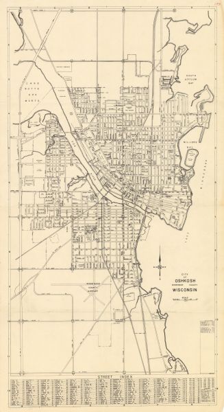 This map shows streets, points of interest, Lake Winnebago, Millers Bay, South Asylum Bay, Lake Butte des Morts, and the Fox River. The map also includes a street index.
	
