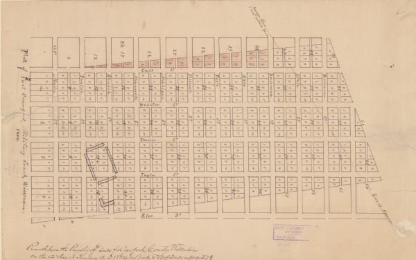 This map is ink, pencil, and color on paper and shows numbered lots and labeled streets. The bottom margin of the map reads: "Recorded in the Registry of deeds for Crawford County, Wisconsin, on the 12 day of January A.D. 1864 in book no. 18 of deeds on page 279."