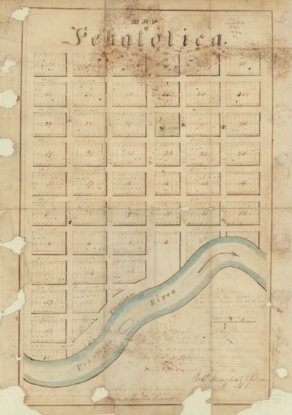 This map is ink and watercolor on paper and shows a plat of a paper city (a city planned but never built). Some streets and the Pekatolica River are labeled. The bottom right of the map has very faded manuscript annotations and appears to be signed by surveyor, Robert Daugherty.