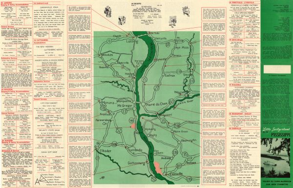 Intended for tourists, this brochure features two maps with tourists sites along the Mississippi River. One map shows roads and populated places along the Mississippi River, from De Soto to Cassville, and Monona to Steube and includes advertisements and tourist information. The other side has tourist sites keyed to a map and features tourist information and advertisements.