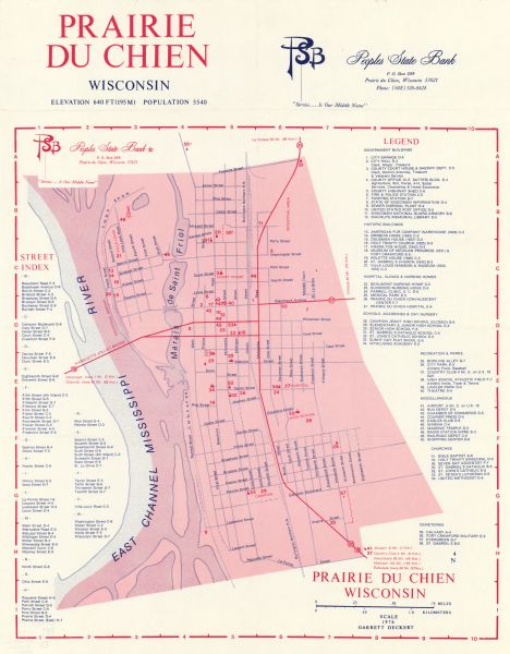 This map includes an index of streets, government and historic buildings, hospitals, schools, places of recreation, churches, cemeteries, and other miscellaneous buildings and points of interest. This map was likely given out by People's State Bank.