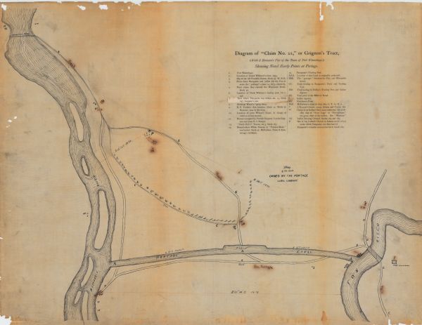 This map shows the land claim owned by the Portage Canal Company and includes an index of landownership and landmarks. The Wisconsin and Portage River, the Portage Basin Canal, Fort Winnebago, and trails are labeled.