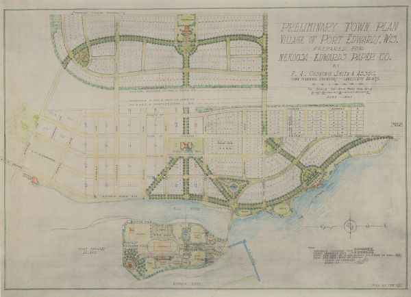 This map is a photocopy of a map that has been hand-colored and shows streets, the Wisconsin River, Mill Pond, and points of interest that include a school, a library, parks, and other recreational areas.