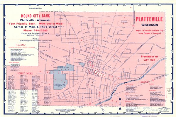 This street map was likely given out by Mound City Bank and features a legend of points of interest and a street index. Streets are labeled as is the Roundtree Branch of the Little Platte River. There is a white arrow pointing out Mound City Bank. The map appears in red, white, and blue.