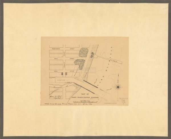 This map shows existing and proposed harbor improvements, streets, the Sauk River, and Lake Michigan. On the bottom of the map inscribed in ink is: "44th Cong., 2d sess., House Exec. Doc. no. 1, pt. 2, 1876."