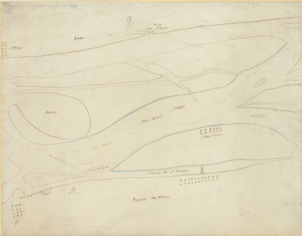 This map is ink and watercolor on paper and shows the main channel and sand bars in the Mississippi River between villages.