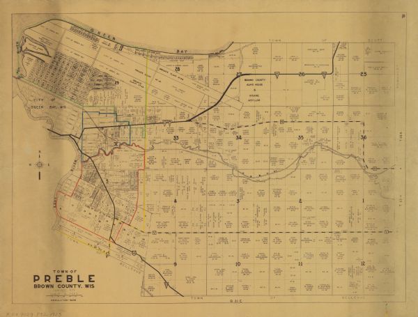 This map  is a photocopy and shows landownership and acreages, additions to Green Bay, points of interest, roads, and railroads. Hand annotations of green, blue, red, and yellow have been drawn around some sections.