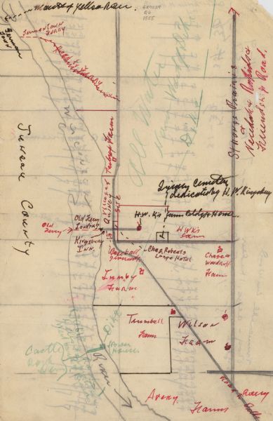 This map is ink, pencil, and color on paper and shows property owners, a cemetery, farms, hotels, roads, a dike and on the back are additional notes. Notes appear in red and green ink, and pencil.