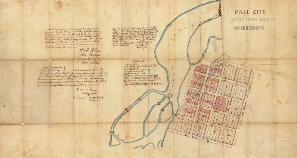 This manuscript map is ink and watercolor on tracing cloth and shows bridges, lots, and streets. Some of the lots are in pink ink. The left of the map includes 3 signed certifications and an "Explanation."