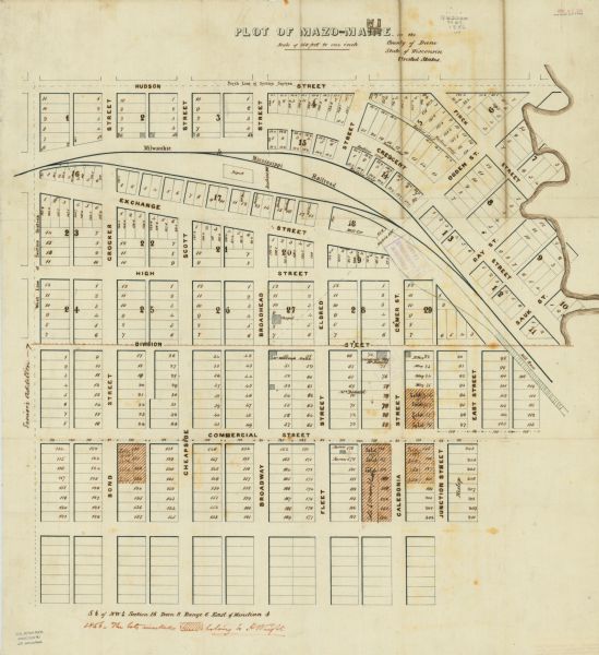 This map is pen-and-ink on tracing cloth and shows lot numbers and dimensions, lots belonging to H. Wright (shown in red ink), selected buildings, and the Milwaukee & Mississippi Railroad. The bottom of the map read: "S 1/2 of NW 1/4, section 16, town 8, range 6 east of Meridian 4."