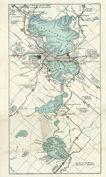 Intended for tourists, this brochure, titled: "Plan Now to See Madison, The Four Lake City: "The City Built on an Isthmus," features a map of Madison and surrounding towns and lakes including Lake Mendota, Lake Monona, Lake Wingra, Lake Waubesa, and Lake Kegonsa, and shows major highways and routes to surrounding areas. Relief is shown by hachures. The back of the brochure features images and information about Madison. Also included is a street map of Madison showing roads and buildings with an index of University of Wisconsin-Madison buildings.