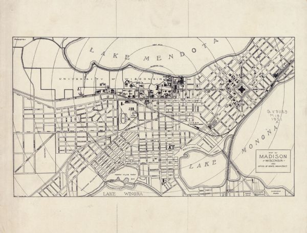 This map has labeled streets and points of interest. Lake Mendota and Lake Monona are labeled. The back of the map includes index of University of Wisconsin-Madison and city buildings.