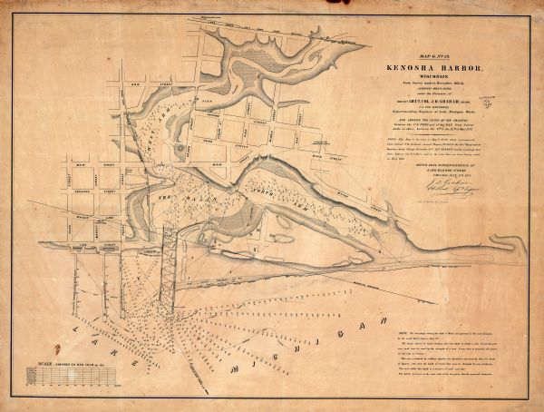 This map was created from a survey made in December 1855 and shows local streets, proposed roads, railroads, the lake shore, bridge wharfs, the basin, the north and west arms of Kenosha Harbor, and part of Pike Creek.  Relief is shown by hachures and soundings.
The map reads: "And Shewing The State Of The Channel between the U.S. Piers and of the Bar from Survey made, as above, between the 8th & the 12th of May 1857." "Note: This map is the same as Map G No. 30 which accompanied Lieut. Colonel J.D. Graham’s annual report (No. 116) to the Chief Topographical Engineer, dated Chicago, December 31st, 1855 except that the soundings laid down between the U.S. piers and on the outer bar are from survey made in May 1857."   "Office Genl. Superintendence of Lake Harbor Works, Chicago, May 18th, 1857, J.D. Graham, Lt. Colonel, Suptg. Engineer."
