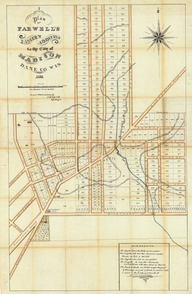 This map is ink and watercolor on tracing paper and shows plat of city, local streets, block numbers, topography, several buildings, and includes an explanation on blocks and lot dimensions. Relief is shown by hachures. A folder included with the map has a manuscript note that reads: "Found among effects of Jairus H. Carpenter, Sept. 1, 1914. Signed: C.F. Lamb, executor."