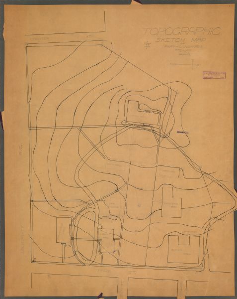 This map is pen and pencil on paper and shows local streets, and the following University of Wisconsin-Madison buildings: the Main Hall, South Hall, North Hall, law building, engineering building, Chadbourne Hall, Library Hall, Science Hall, and power plant. North is oriented to the right and relief is shown by contours.
