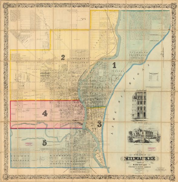 This map shows lot and block numbers, buildings, some landownership, roads, railroads, cemeteries, the Milwaukee River, and Lake Michigan. The map includes "Milwaukee subscribers’ directory" with names and addresses of local businesses, illustrations of Mack Brothers Store, 181 East Water Street, and Residence of John Lockwood, Esq. Wards are numbered and outlines in yellow, blue, and red.
 	