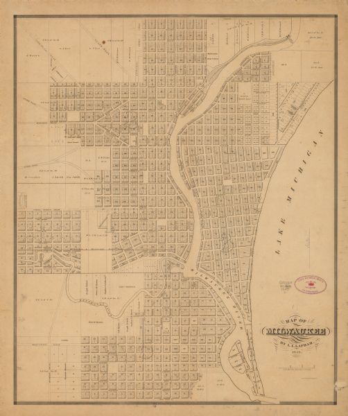 This map shows lot and block numbers, wards, local streets, railroads, some landowners’ names, Milwaukee River, Menomonee River, and part of Lake Michigan. The map also includes manuscript annotations.