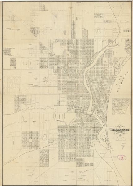 This map shows lot and block numbers, wards, roads, railroads, some landowners’ names, and selected buildings. Lake Michigan, the Milwaukee River, and Glidden & Lockwood’s addition are labeled. An index includes public buildings, churches, and schools. Notably, this map differs from an earlier 1857 map by correctly labeled wards 6 (upper right) and 9 (upper left), as well as inclusion of Kane’s Addition along border in upper right, Malory & Kern’s Addition in upper left, Parmer & Co’s Addition at right along Spring Street Road.