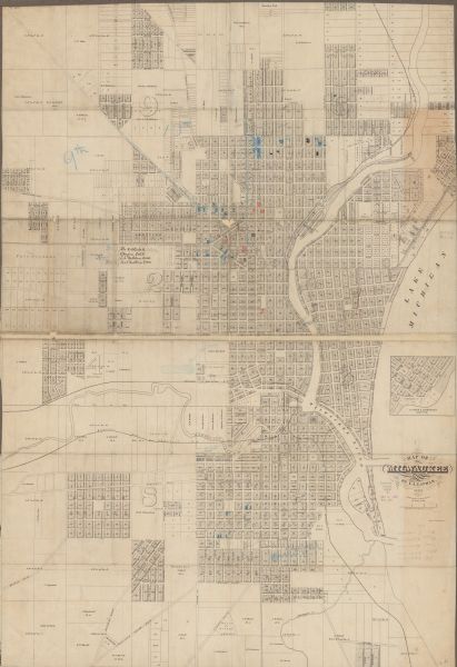 This map shows lot and block numbers, some property ownership, wards, roads, and railroads. An inset map shows the Glidden & Lockwood’s addition. There are manuscript annotations in blue and red showing property of Dr. R.H. Cabell, Chapin Estate, J.L. Rathbone Estate, and Joel Rathbone Estate, as well as revision of wards. Lake Michigan and the Milwaukee River are labeled.