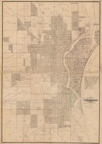 This map shows lot and block numbers, some property ownership, wards, roads, and railroads and includes inset map of Glidden & Lockwood’s addition. There are manuscript annotations in red ink of borders and names of some property owners. Lake Michigan and the Milwaukee River are labeled.