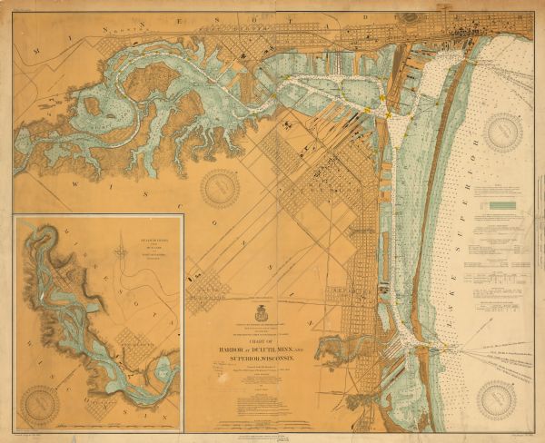 This map shows streets, industrial buildings, a portion of Lake Superior and other lakes, bays, and rivers in portions of Duluth and Superior. Relief is shown by hachures; depths are shown by tints, soundings and isolines. The map is continued by an inset that shows the St. Louis River from Mud Lake to foot of rapids. Also included are notes on sailing directions, the water levels of Lake Superior, dry docks, opening and closing of navigation and abbreviations. North is oriented to the upper right. The lower left of the map reads: "Prepared under the direction of Major W.L. Fisk Corps Engineers, U.S. Army, in 1902-1905."  Also noted are the dates of additions and corrections and authorities the surveys were made under.