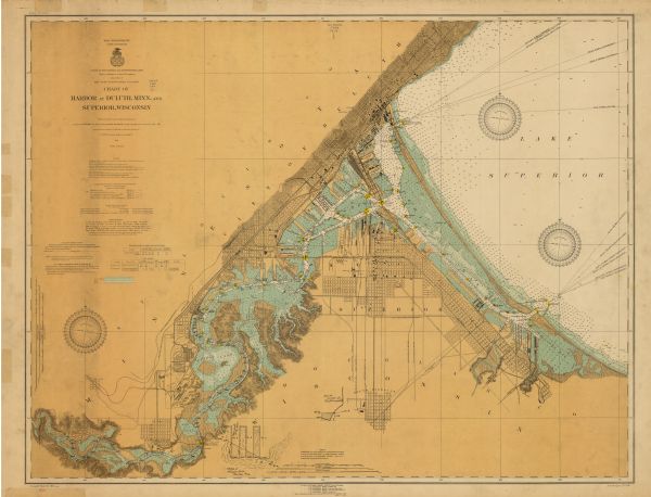 This map shows details of the harbor, proposed route and bridge changes, railroads, streets, selected buildings, a portion of Lake Superior and other lakes, bays, and rivers in portions of Duluth and Superior. Depths are shown by soundings, contours, and tints.  Also included are notes on sailing directions, the water levels of Lake Superior, dry docks, opening and closing of navigation, abbreviations, and uncompleted sketches of McDougall-Duluth Ship Yard piers and Zenith Furnace Co’s pier. The left margin of the map reads:"Issued May 27, 1919 (1200)."